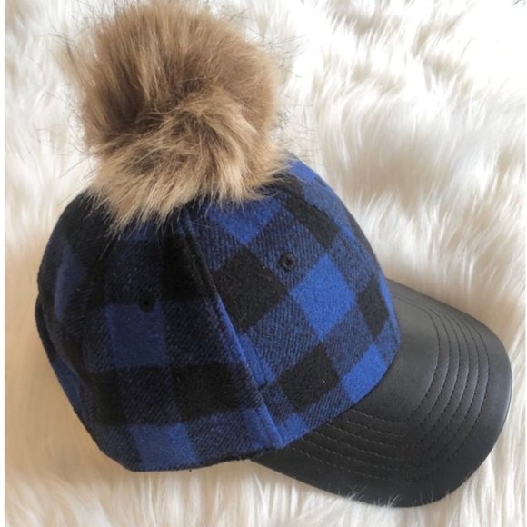 Angela & William Blue Black Plaid Fur Pom Pom Plaid Dad Wool Hat NWT